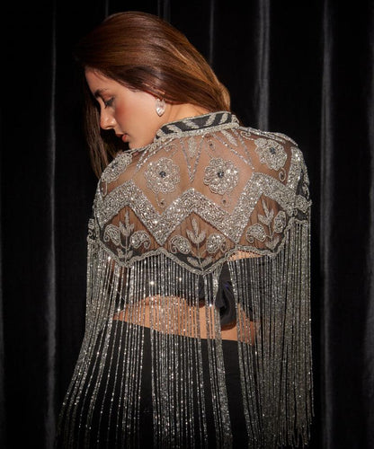 Embroidered Raffia Cape with Tassels