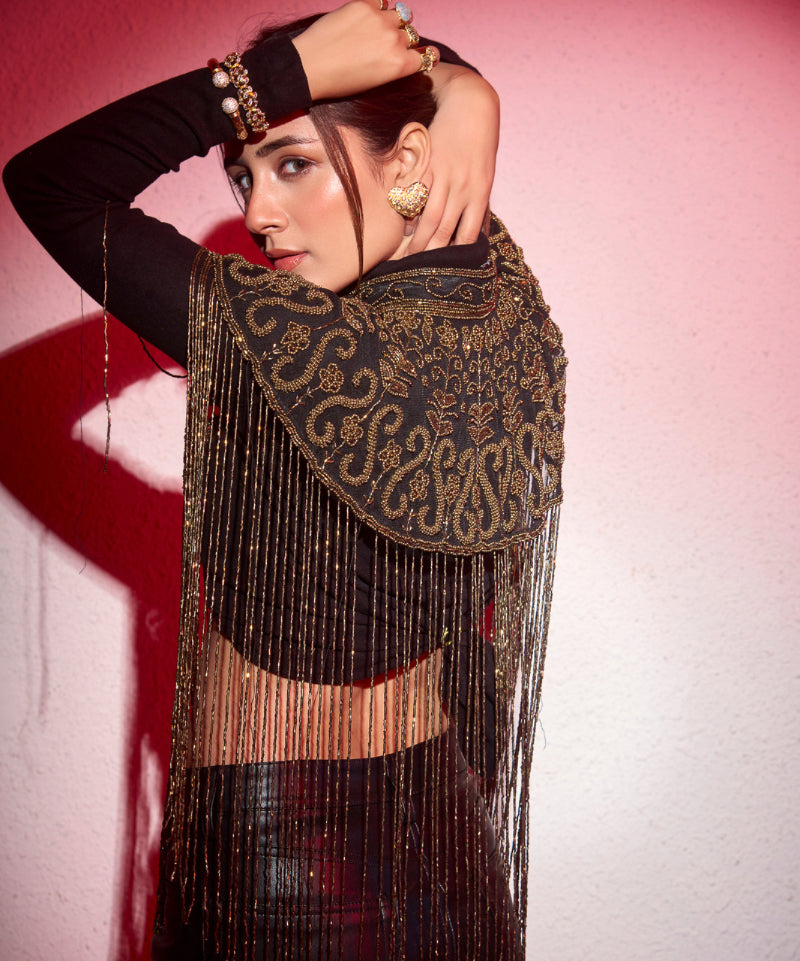 Bohemian Hand Beaded Cape with Shimmer Tassels