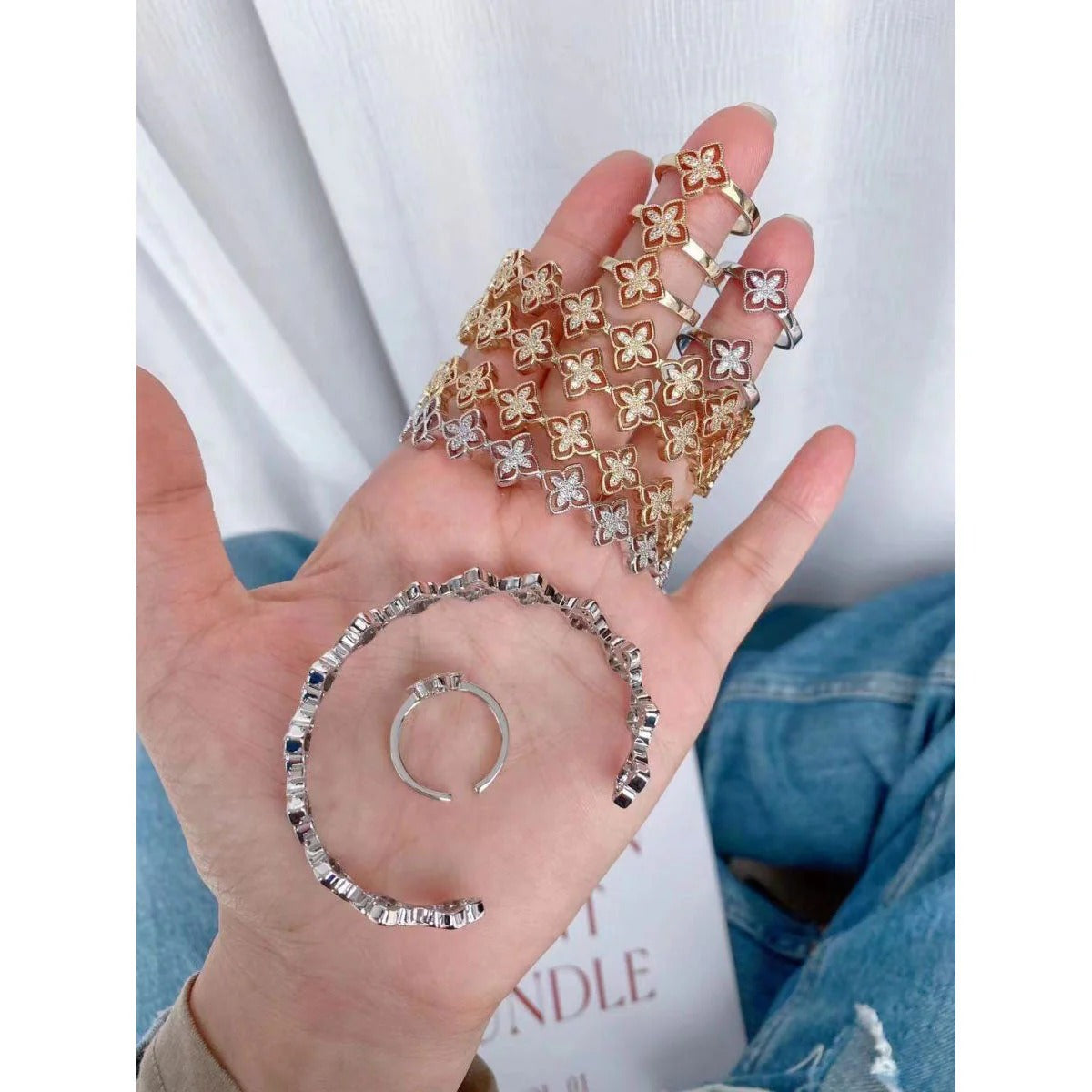 Lucky Clover CZ Diamond Bracelet & Ring Set