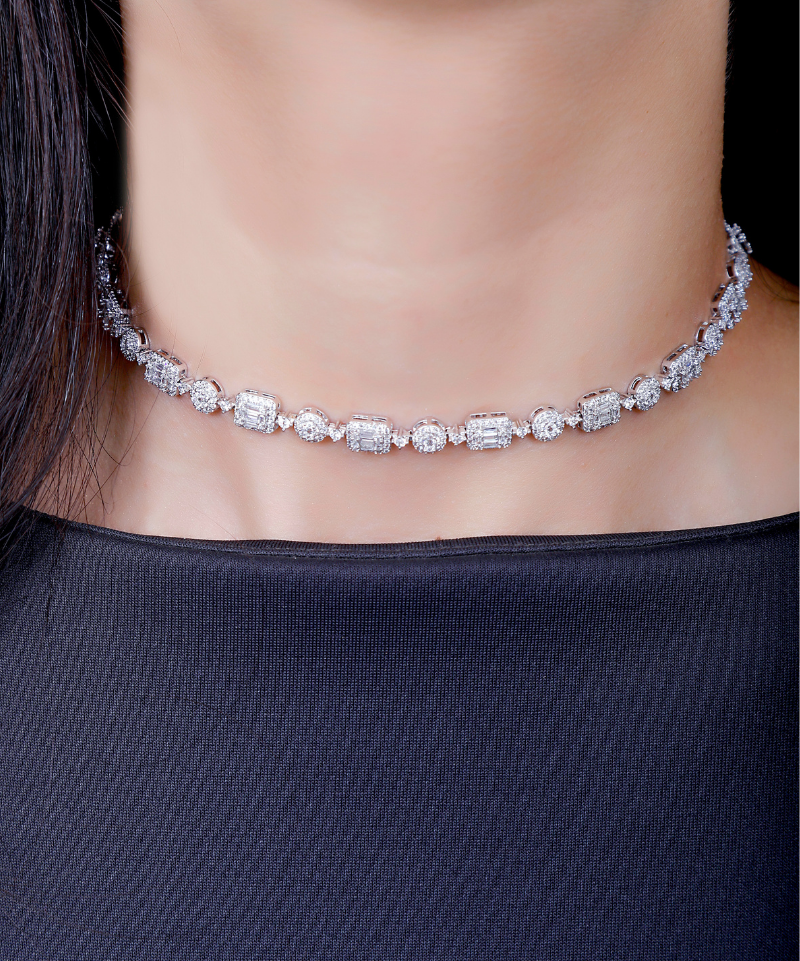 Baguette Uncut Swarovski & CZ Diamond Choker Necklace & Earring Set