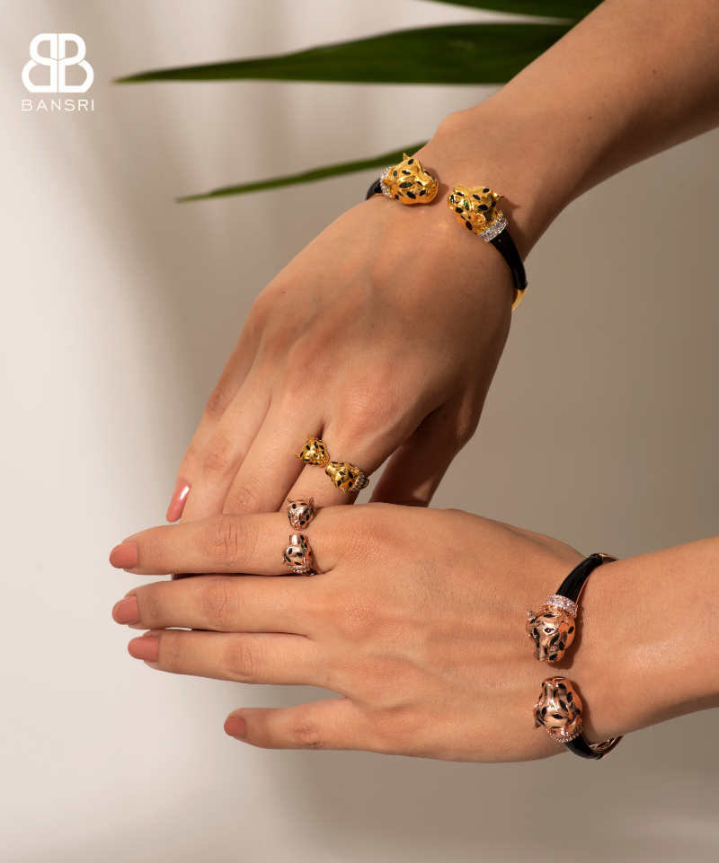 Gold Deux Panthera Headed Necklace, Bracelet Cuff, Earring & Ring