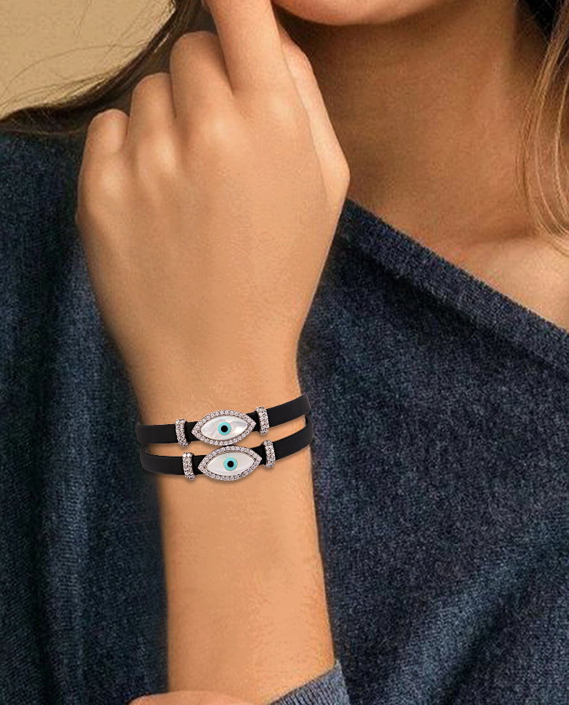 Sterling Silver Double Evil Eye Adjustable Wrap Bracelet - Bansri Design 