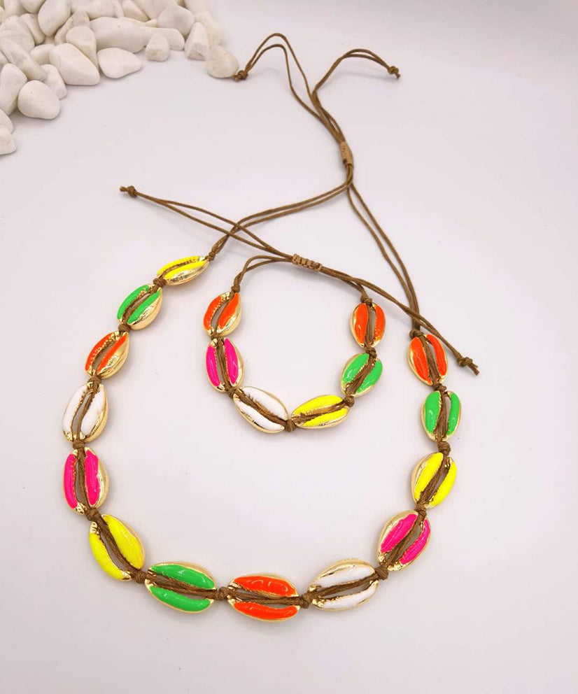 Neon Multicolor Cowrie Shell Necklace & Bracelet Set