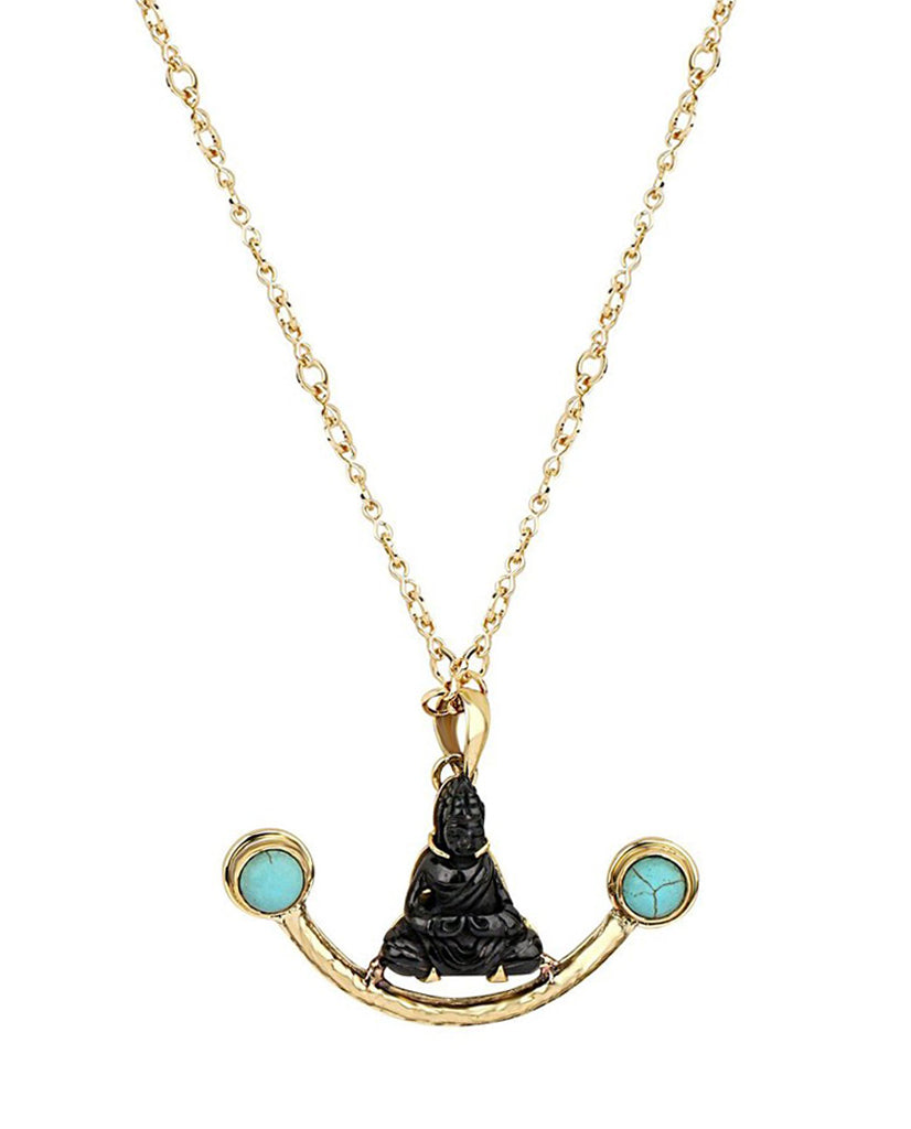 Hand carved Buddha in Onyx & Turquoise Necklace - Bansri Design 