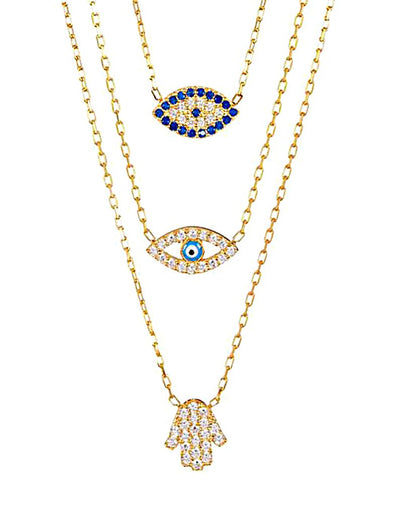 Sterling Silver Layered Evil Eye Hamsa Charm Necklace