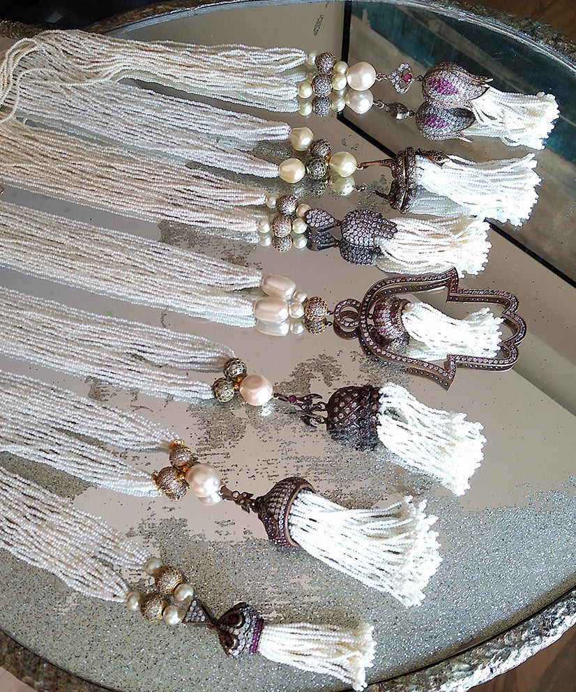 Crown Hamsa Tassel Pendant Pearl Necklace