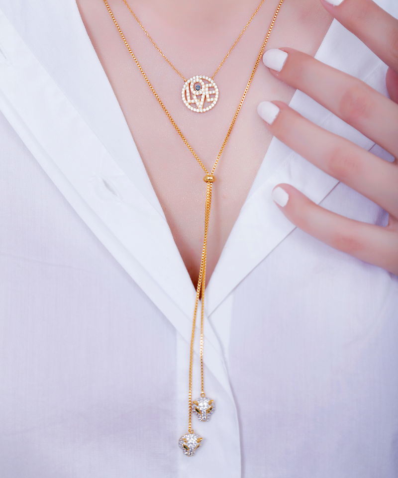 Double Headed Panthera Adjustable Lariat Necklace