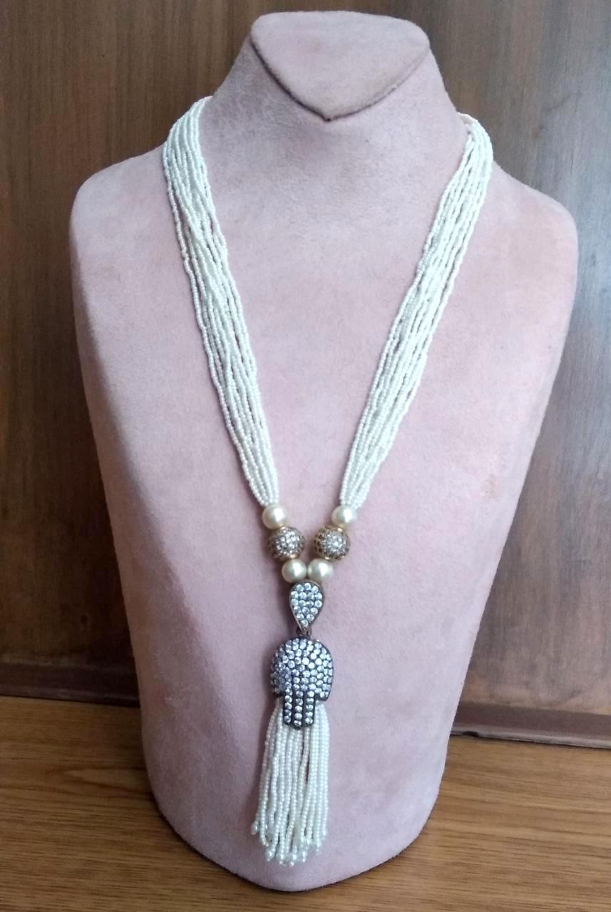 Small Hamsa Tassel Ruby Pendant Pearl Necklace