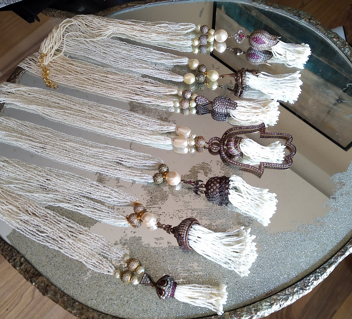 Small Hamsa Tassel Ruby Pendant Pearl Necklace