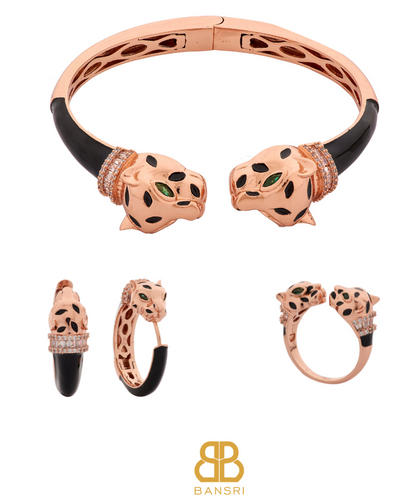 Rosegold Deux Panthera Headed Bracelet Cuff, Earring & Ring