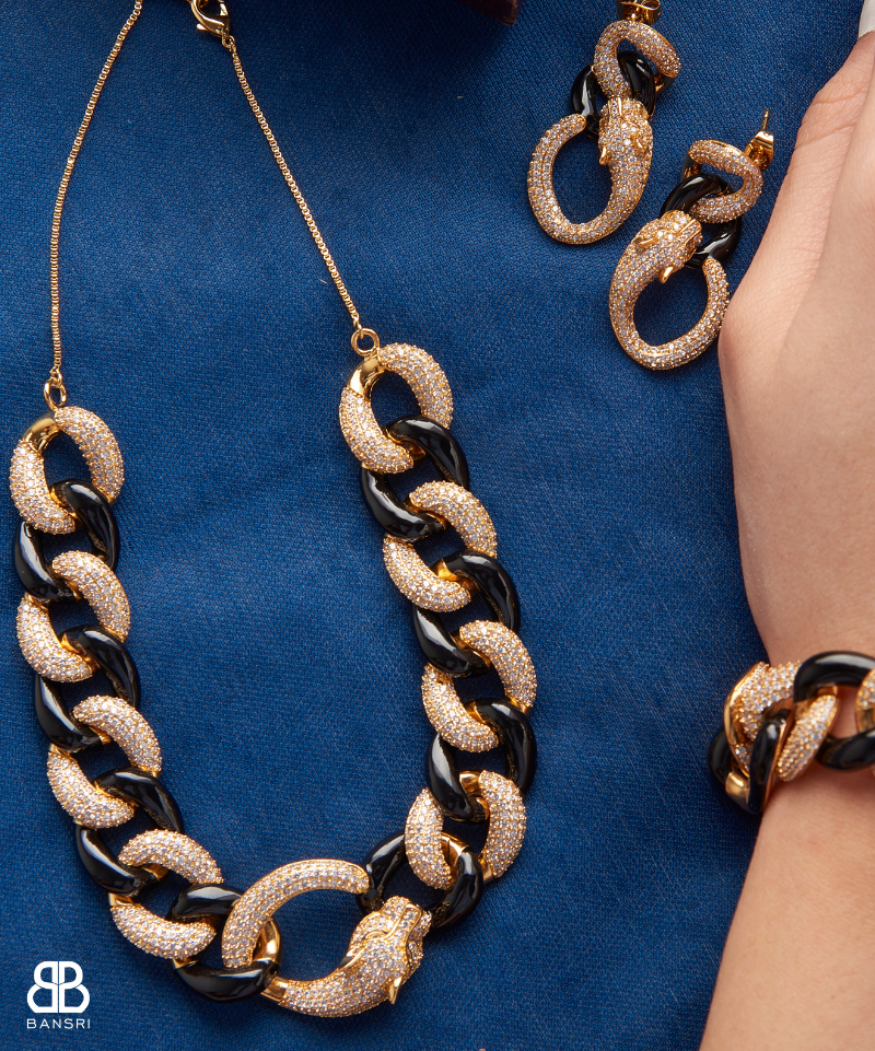 Cuban Link Twister Panther Necklace & Earring Set