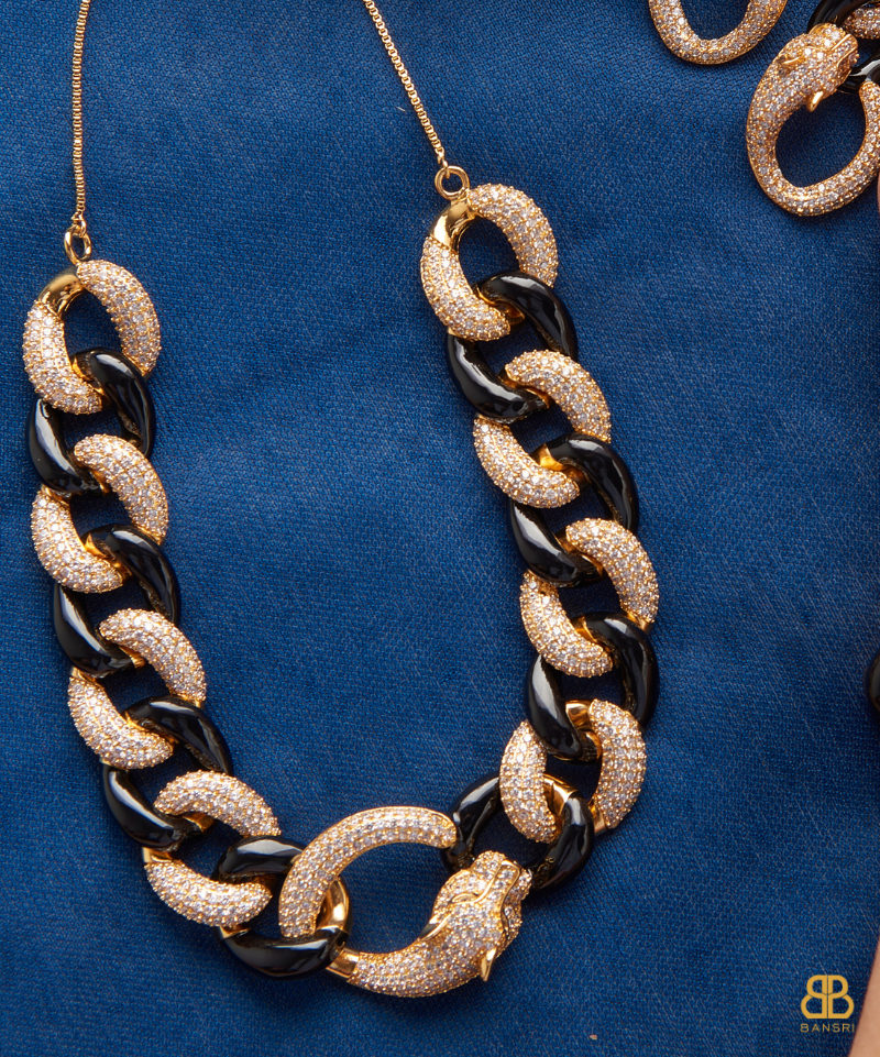 Cuban Link Twister Panther Necklace & Earring Set