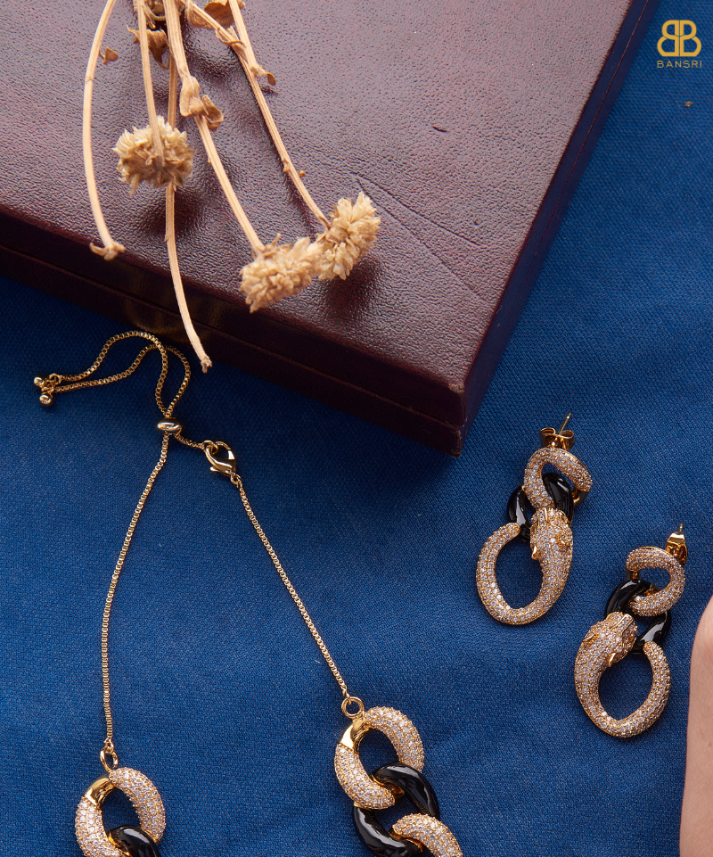Cuban Link Twister Panther Necklace & Earring Set