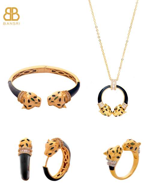 Gold Deux Panthera Headed Necklace, Bracelet Cuff, Earring & Ring