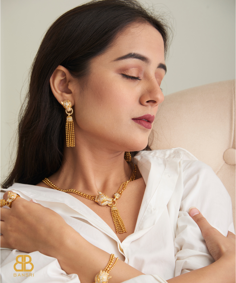 Gold Panther Beaded Necklace, Earring, Bracelet & Ring Set