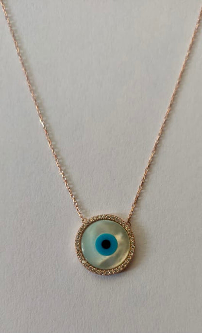Evil Eye Mother of Pearl Disc Necklace