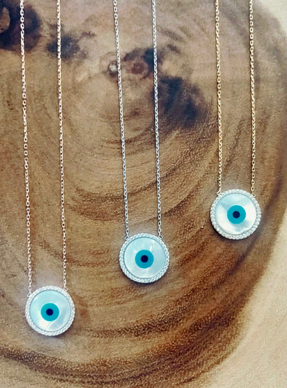 Evil Eye Mother of Pearl Disc Necklace
