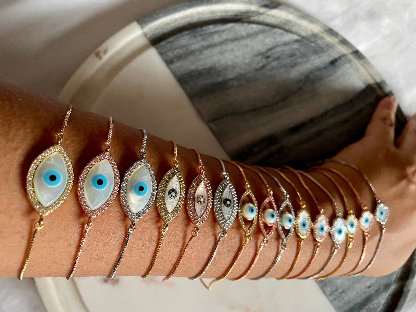 Mother of Pearl Hamsa Tennis Bracelet with Swarovski Crystals