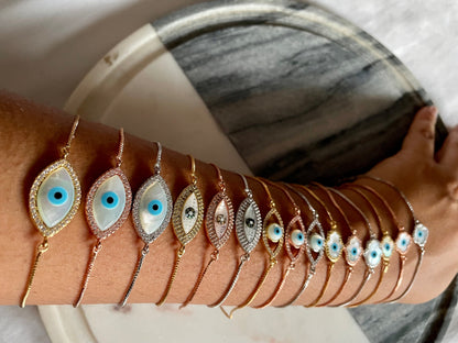 Mother of Pearl Hamsa Tennis Bracelet with Swarovski Crystals
